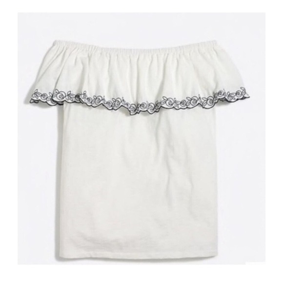 J Crew Top M white embroidered ruffle Off The shoulders blouse cotton knit - Picture 3 of 16